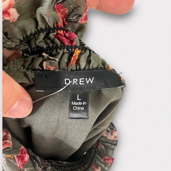 DREW Anthro Green Floral Print Dress Gold Stripes Long Sleeves Smocked Size L - Picture 14 of 16